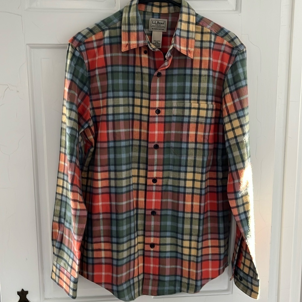 LL Bean “slightly fitted” Orange Plaid Flannel Button Down Size